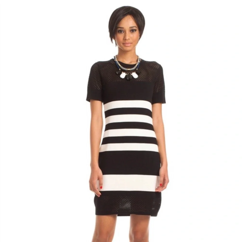 Trina Turk Striped Sheath Dress Size L Black Off White Lined